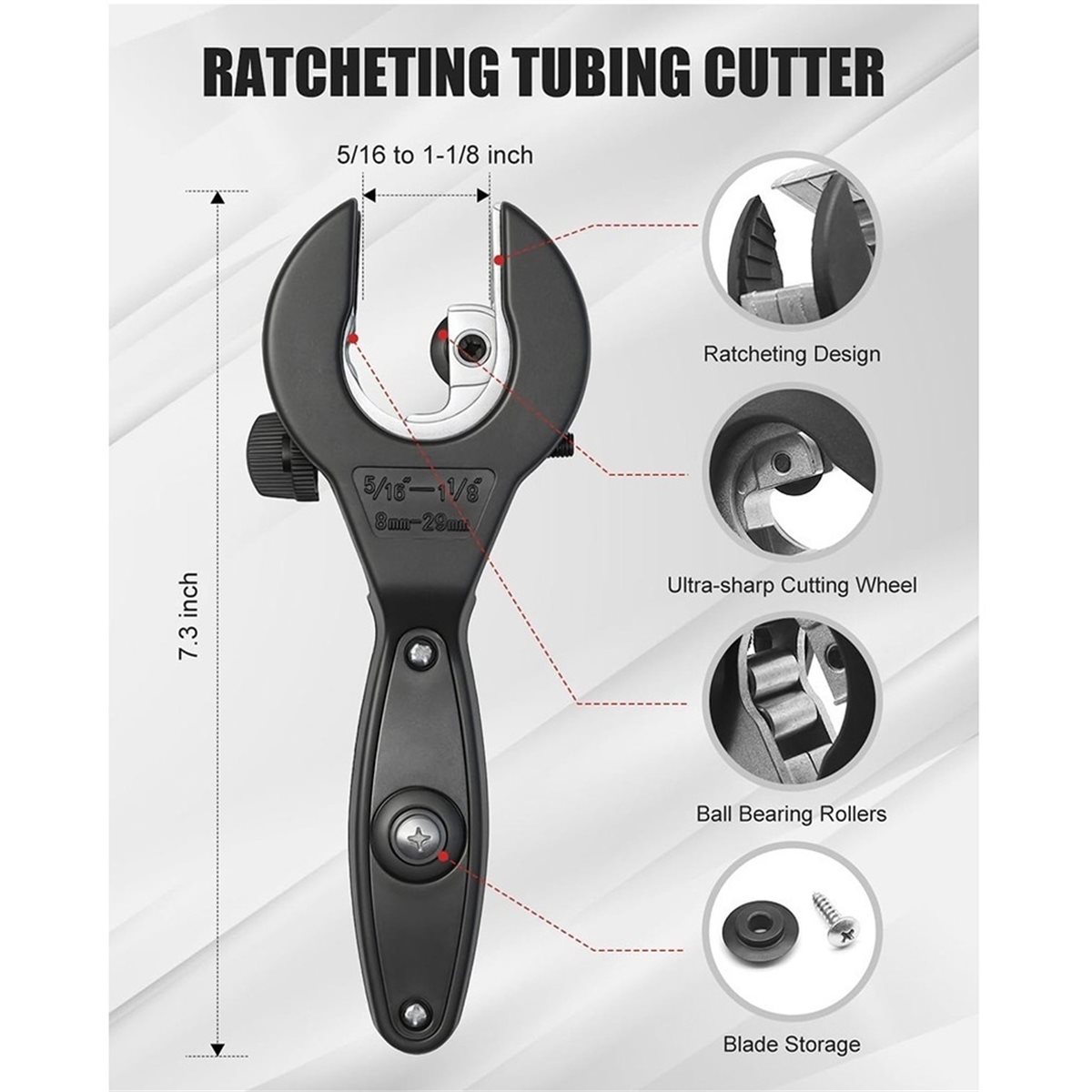 Pipe Cutter Ratchet - ラチェット式パイプカッターツールキット チューブカッター 5/16インチ～1-1/8インチ デバーリングツール付き プロ用コンパクトチューブカッター